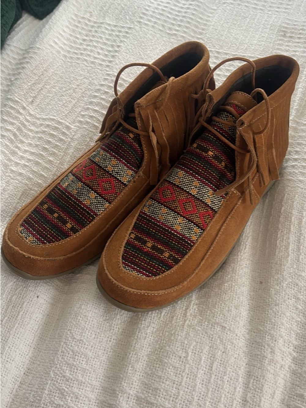 Roper Women's Tan Suede Moccasins with Multicolor Woven Panel